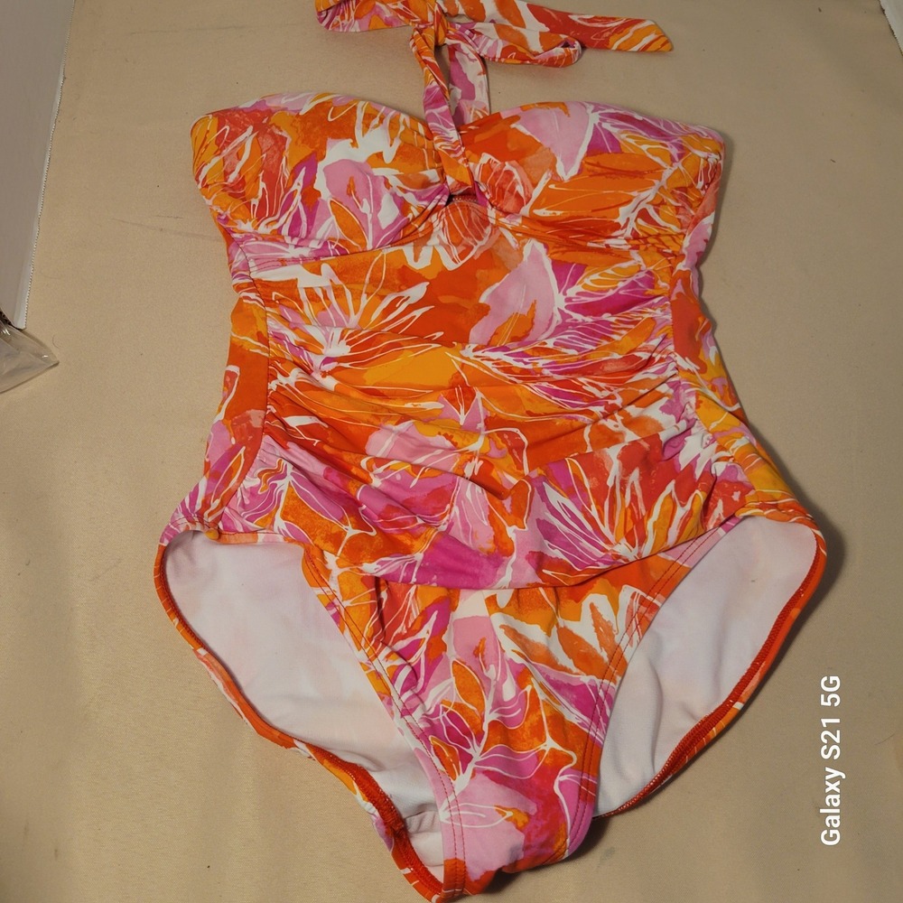 Lauren Ralph Lauren Women Tropical Halter One Piece Swimsuit Ruched Size 8